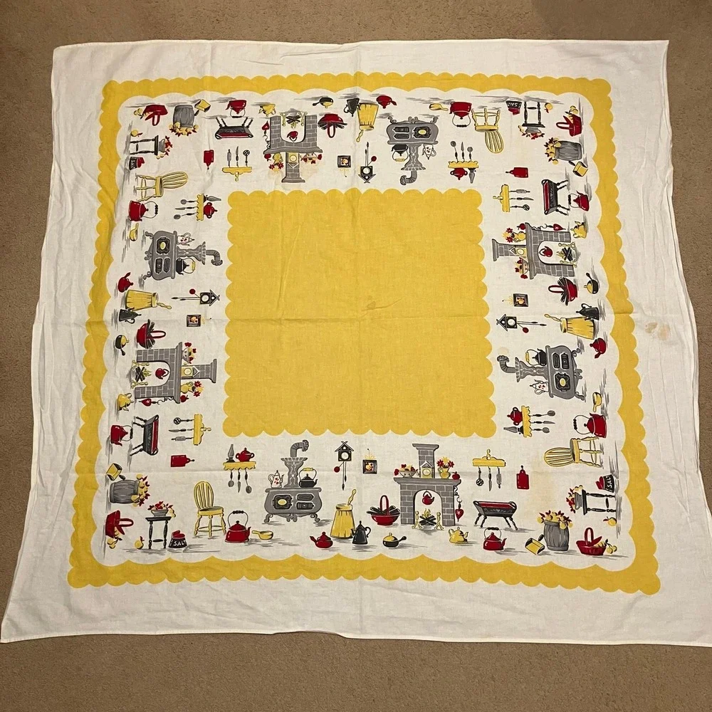 Vtg 1960s Country Kitchen‎ Tablecloth Yellow Stove Utensils Kettle 46x46